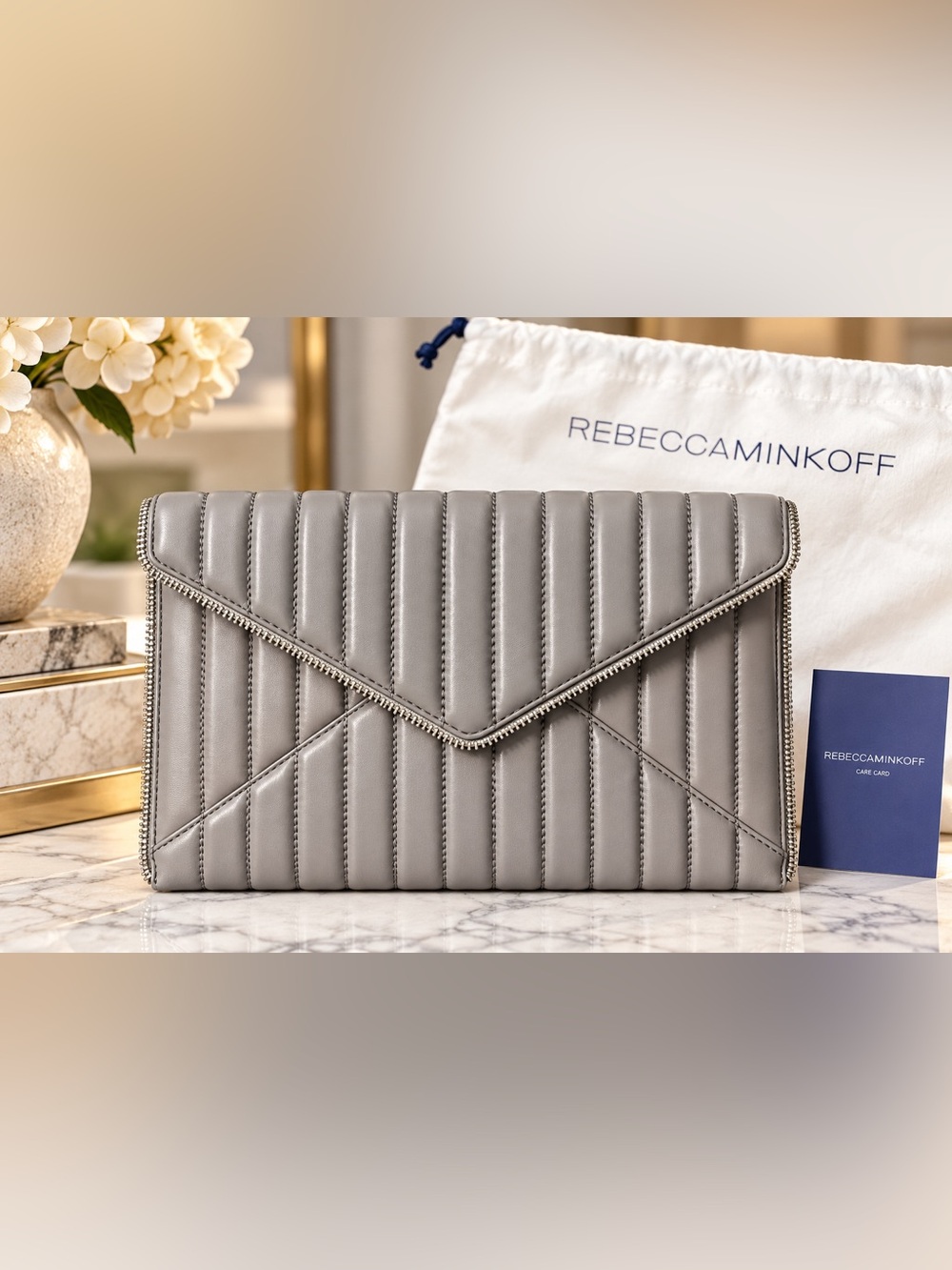 Rebecca Minkoff Gray Quilted Leather Envelope Clutch Bag Silver Zip Dust Bag